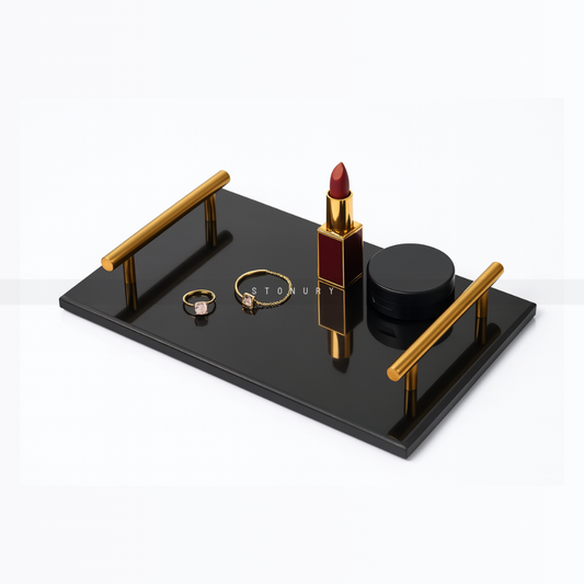 Luxury Black Marble Vanity Tray with Gold Handles