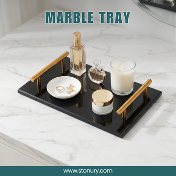 Luxury Black Marble Vanity Tray with Gold Handles