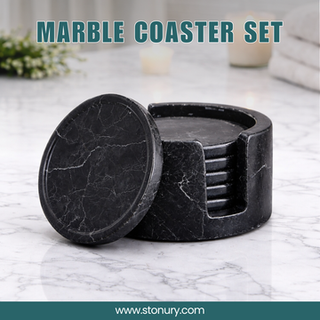 Black Marble Coaster Set of 6 with Holder