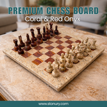 Premium Marble Fossil & Red Onyx Chess Set