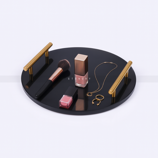 Luxury Black Round Marble Tray with Golden Handles