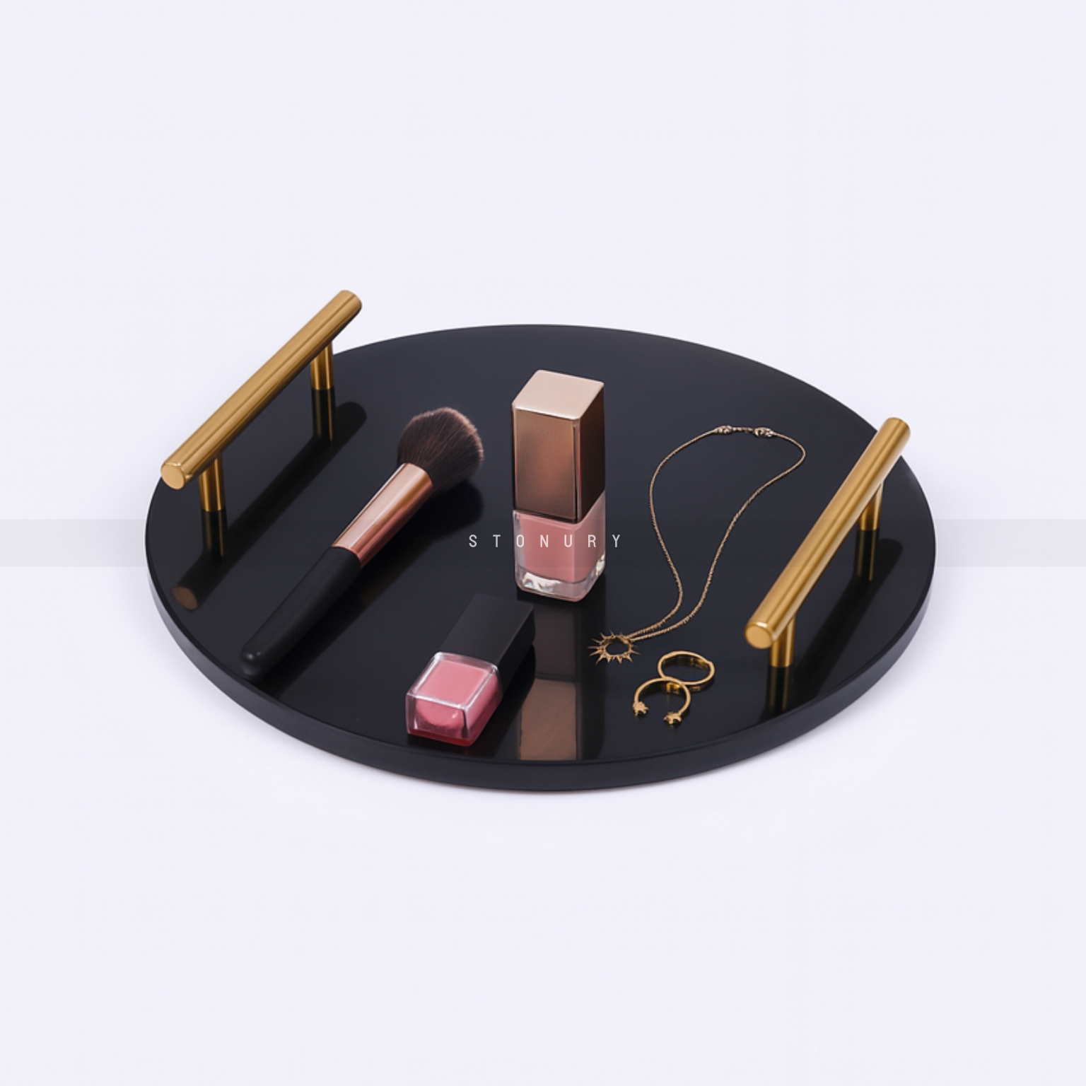 Round Black Marble Tray with Golden Handle