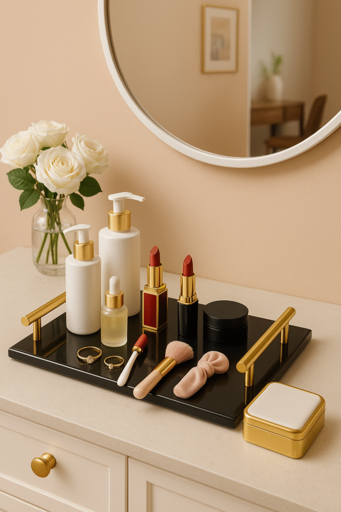 Black marble tray with golden handle for blog vertical