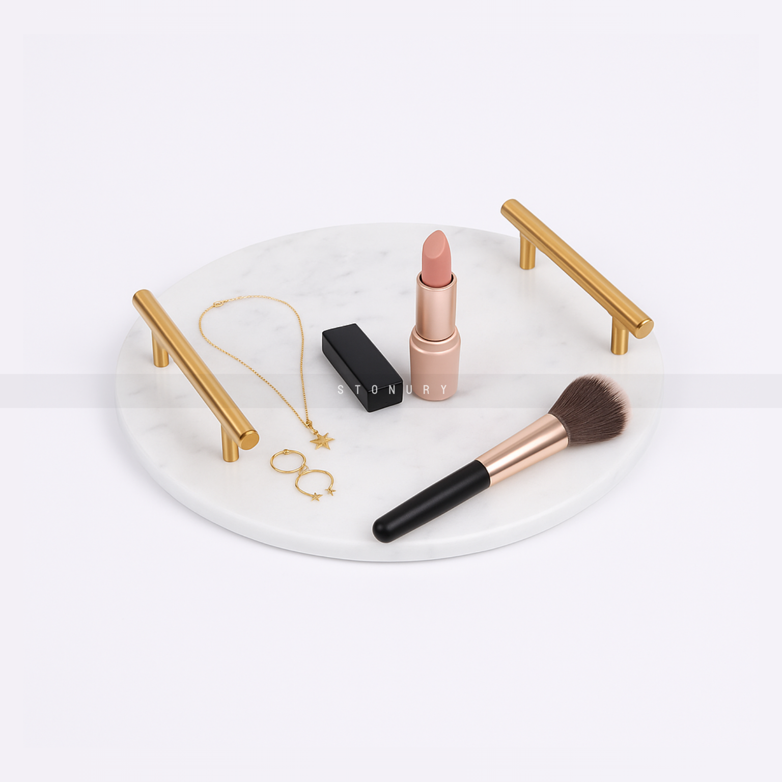 Round White Marble Tray with Golden Handle