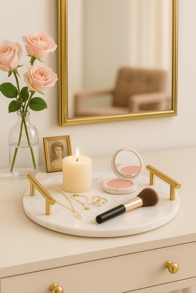 Round white marble tray with golden handle for blog vertical